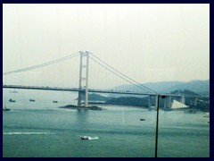 Tsing Ma Bridge, the world's 9th longest span suspension bridge. It has two decks and is situated between Tsing Yi and Ma Wan. It is 1377 m long and was inaugurated in 1997 by Margret Thatcher.