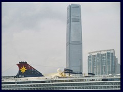 International Commerce Center on West Kowloon, Hong Kong's tallest building, and a luxury cruise ship.