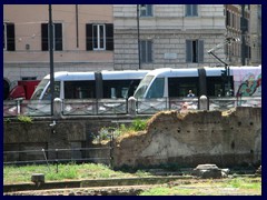 The modern trams of Rome seen from Largo di Torre Argentina.