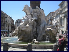 Fountain of the Four Rivers (Fontana dei Quattro Fiumi), Piazza Navona, was constructed between 1647 -51 on request of pope Innocent X. It was designed by Bernini and represents rivers on four different continents: Nile, Ganges, Danube and Rio de la Plata. The obelisk was originally at the Circus of Maxentius.
