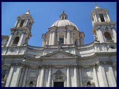 Sant'Agnese in Agone, a beautiful church at Piazza Navona. The baroque facade was designed by Borromini, Bernini's main rival.  The church was commissioned in 1652 by Pope Innocent X and built on the site where  St. Agnes was stripped naked, but miraculously saved from disgrace by extraordinary growth of hair, according to the legend. 