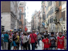 Via del Corso is a one of Rome's major streets. It goes from Piazza del Popolo and ends at Via Venezia. Part of it is a pedestrian street daytime with fancy stores and tones of tourists.It is one of the few straight roads of the historical center of Rome.