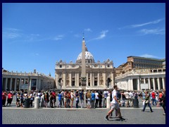 St Peter's Square (Piazza San Pietro) is the circular square in front of St Peter's Basilica. The Tuscan colonnades, arcades with rows of columns on both sides are the borders between Vatican City and Italy. They were designed by Gian Lorenzo Bernini. An Egyptian obelsik from the Circus of Nero was erecetd at the center of the square in 1586. Two fountains, designed by Bernini and Carlo Maderno, where placed on the square in the 1600s.